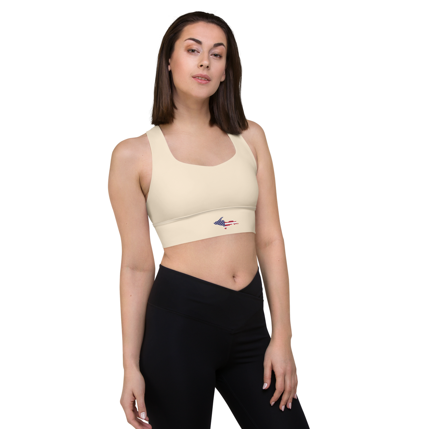 Michigan Upper Peninsula Longline Sports Bra (w/ UP USA Flag) | Champagne White