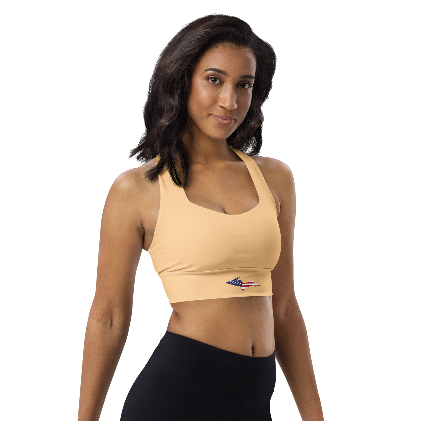 Michigan Upper Peninsula Longline Sports Bra (w/ UP USA Flag) | Pale Apricot