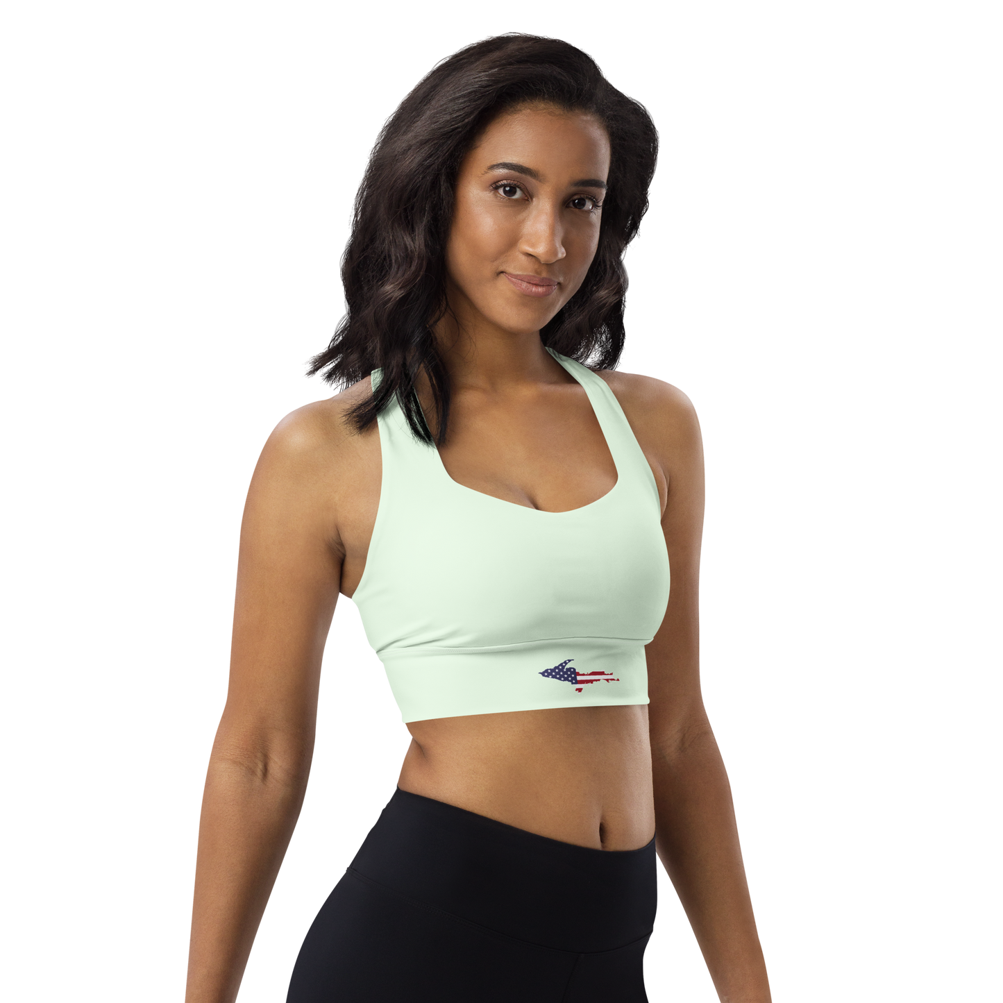 Michigan Upper Peninsula Longline Sports Bra (w/ UP USA Flag) | Dew Green