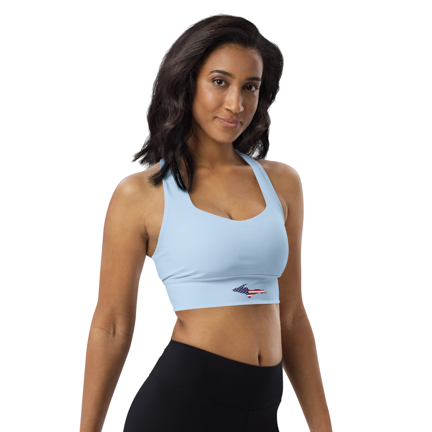 Michigan Upper Peninsula Longline Sports Bra (w/ UP USA Flag) | Light Blue