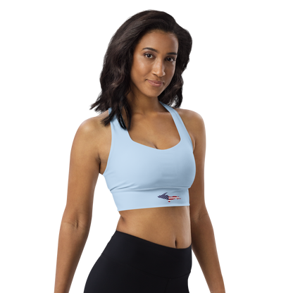 Michigan Upper Peninsula Longline Sports Bra (w/ UP USA Flag) | Light Blue