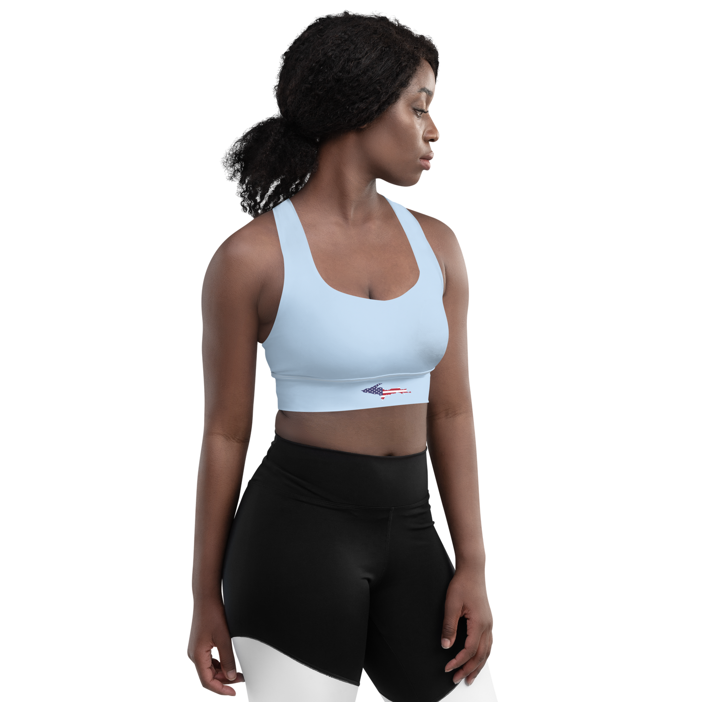 Michigan Upper Peninsula Longline Sports Bra (w/ UP USA Flag) | Light Blue