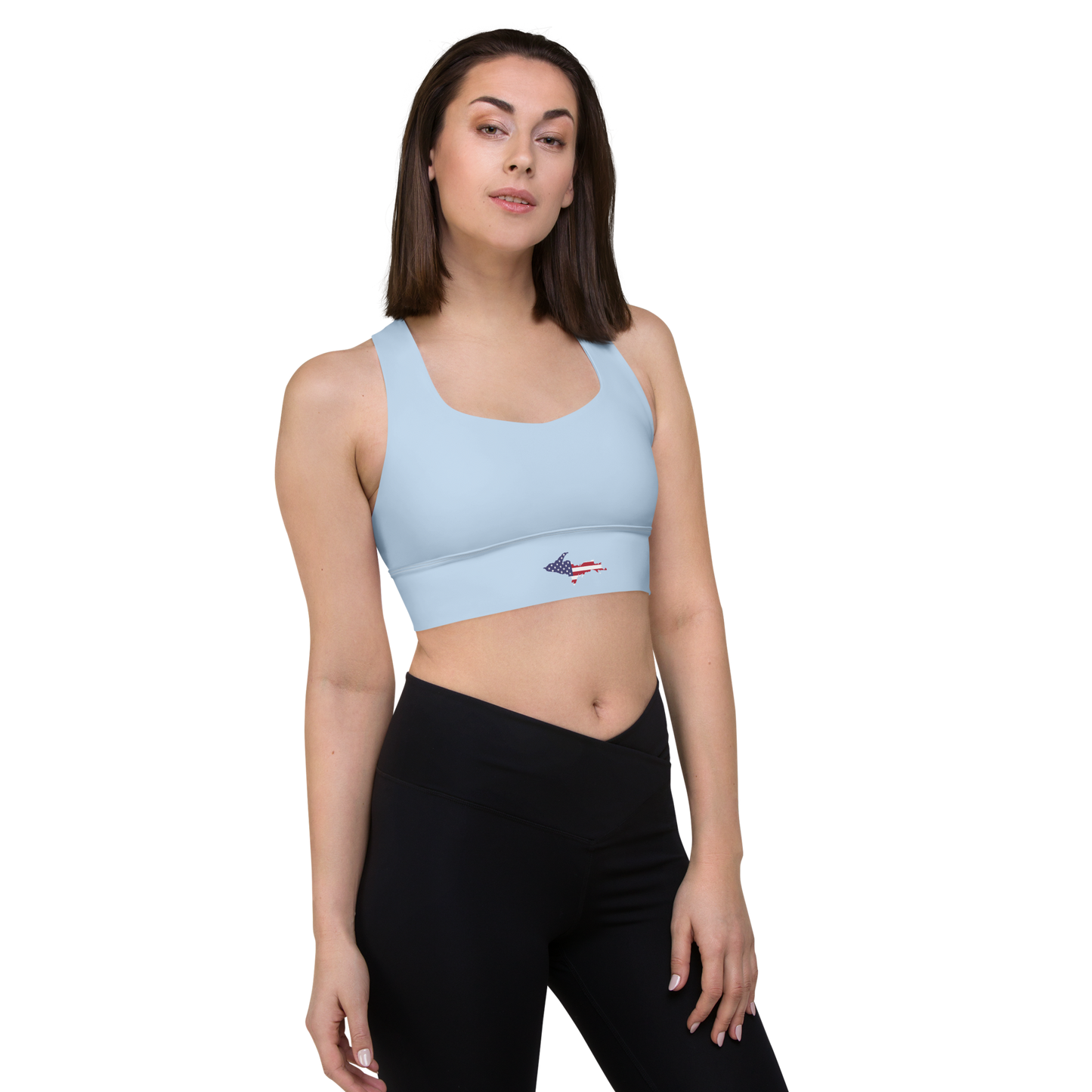 Michigan Upper Peninsula Longline Sports Bra (w/ UP USA Flag) | Light Blue