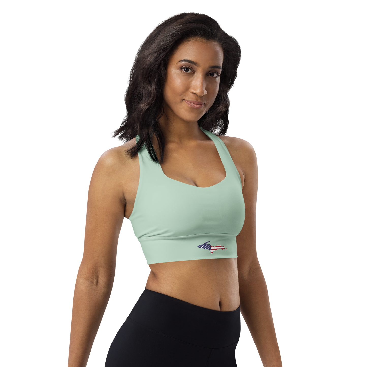 Michigan Upper Peninsula Longline Sports Bra (w/ UP USA Flag) | Sea Green