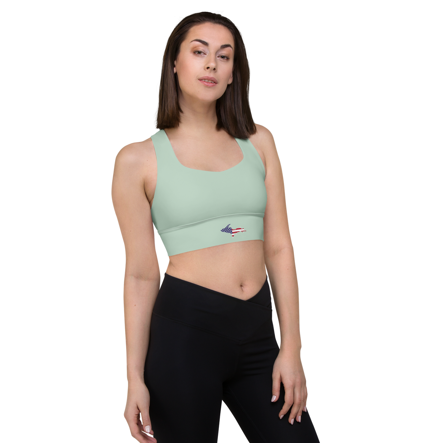 Michigan Upper Peninsula Longline Sports Bra (w/ UP USA Flag) | Sea Green