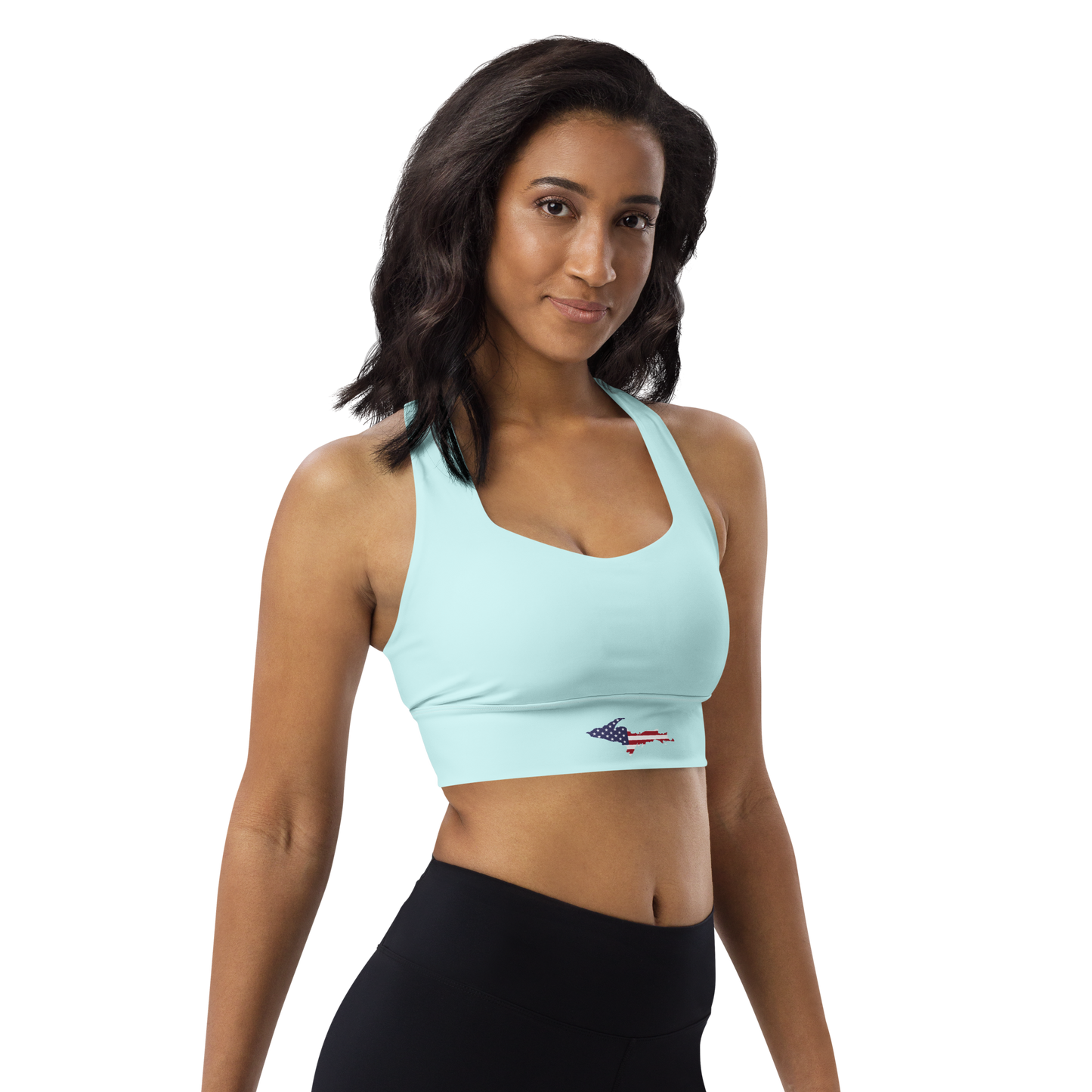 Michigan Upper Peninsula Longline Sports Bra (w/ UP USA Flag) | Cyan