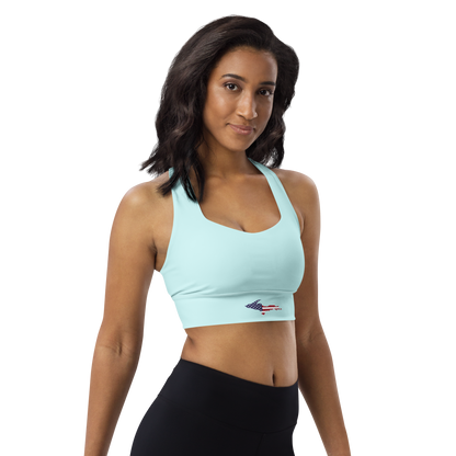 Michigan Upper Peninsula Longline Sports Bra (w/ UP USA Flag) | Cyan