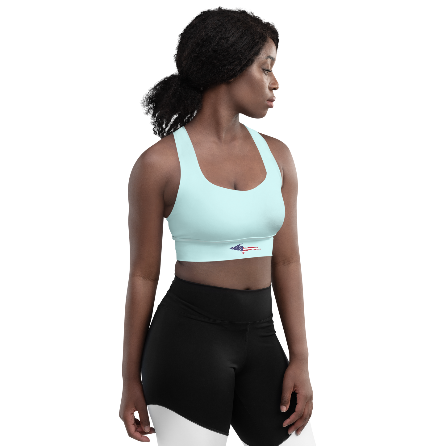 Michigan Upper Peninsula Longline Sports Bra (w/ UP USA Flag) | Cyan