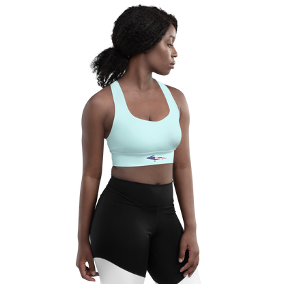 Michigan Upper Peninsula Longline Sports Bra (w/ UP USA Flag) | Cyan