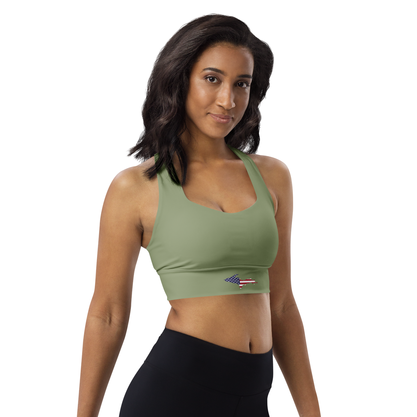 Michigan Upper Peninsula Longline Sports Bra (w/ UP USA Flag) | Beachgrass Green