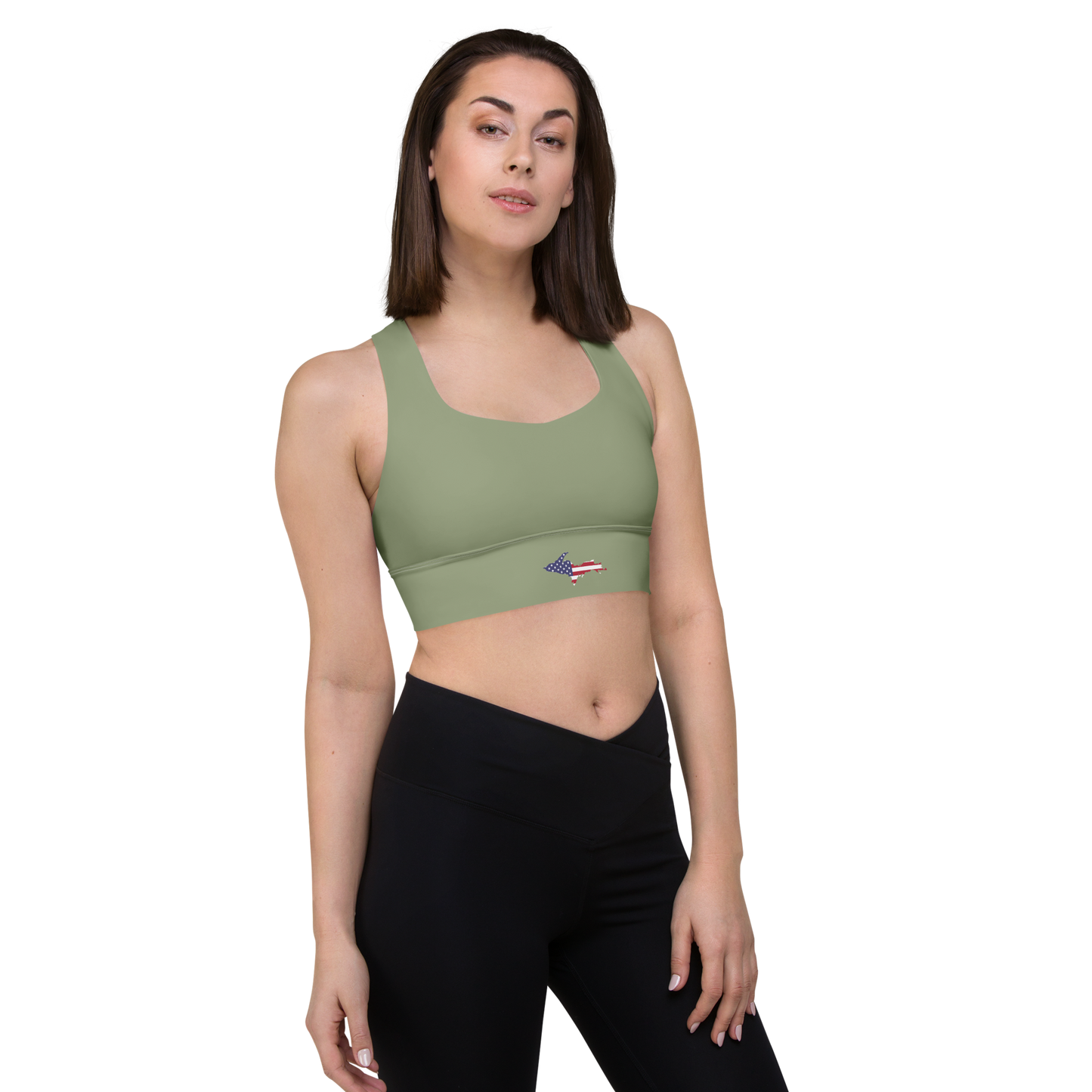 Michigan Upper Peninsula Longline Sports Bra (w/ UP USA Flag) | Beachgrass Green