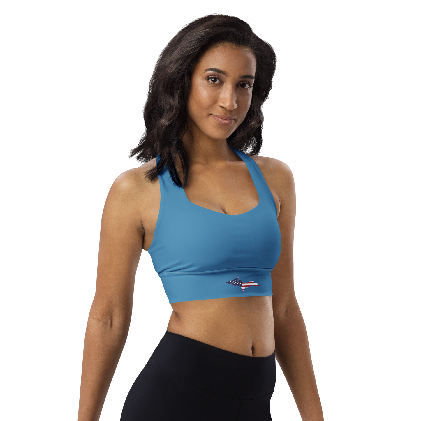 Michigan Upper Peninsula Longline Sports Bra (w/ UP USA Flag) | Lake Michigan Blue