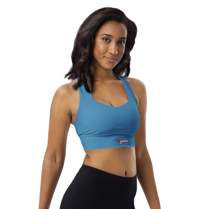 Michigan Upper Peninsula Longline Sports Bra (w/ UP USA Flag) | Lake Michigan Blue