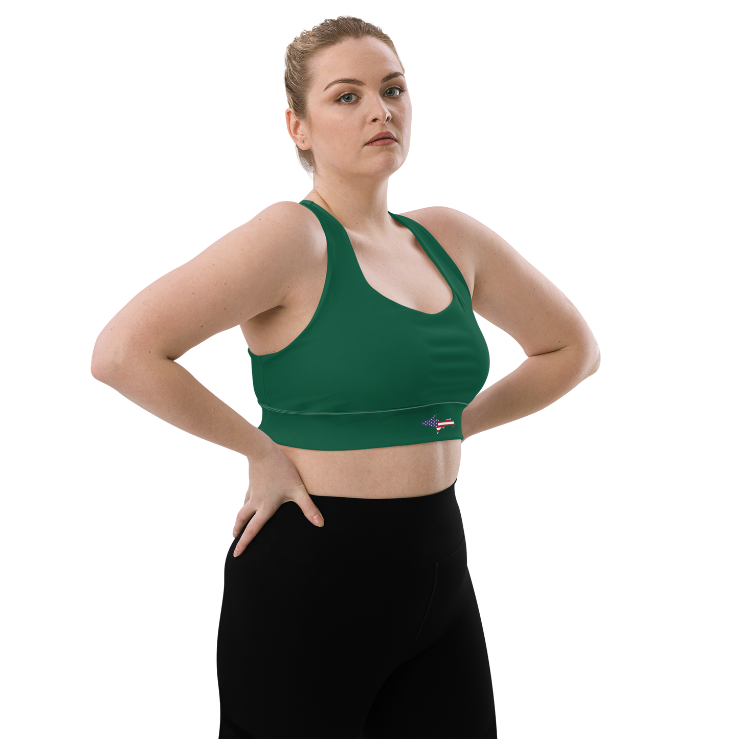 Michigan Upper Peninsula Longline Sports Bra (w/ UP USA Flag) | Superior Green