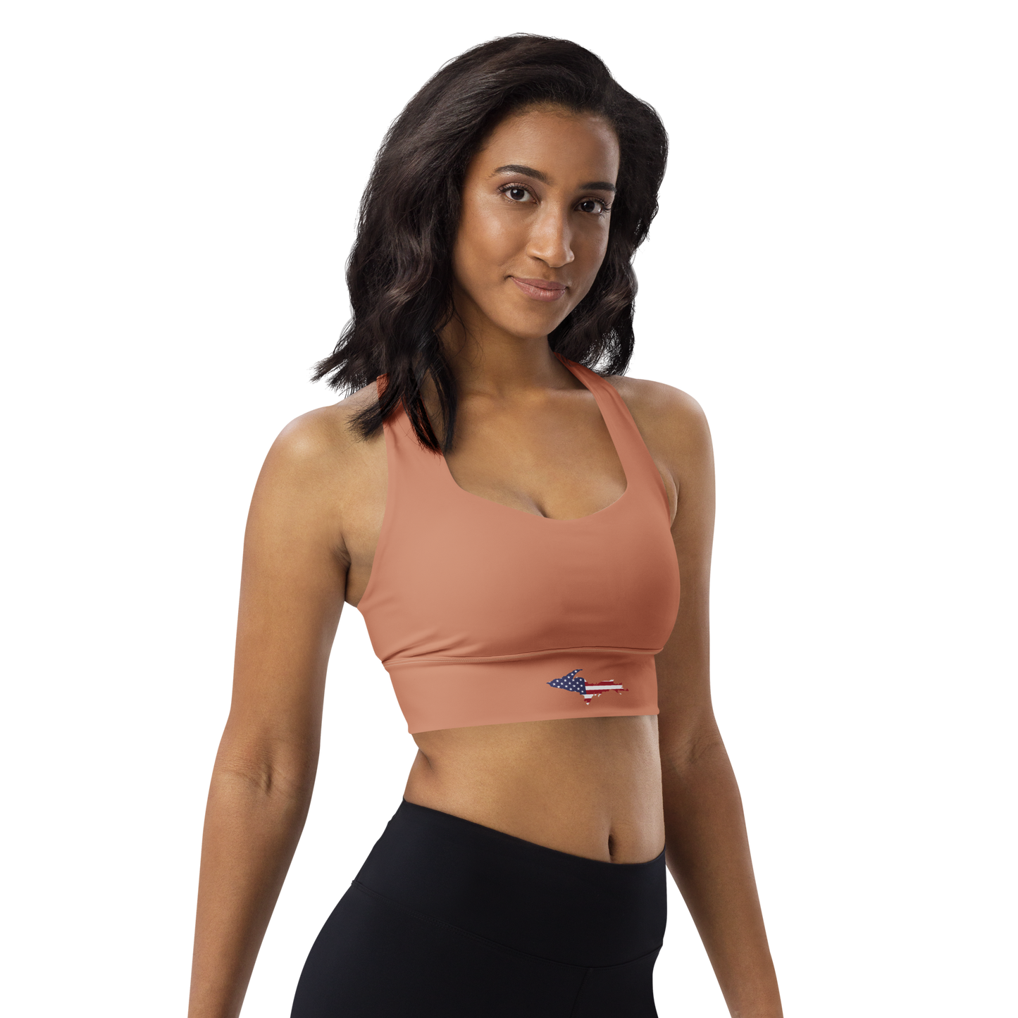 Michigan Upper Peninsula Longline Sports Bra (w/ UP USA Flag) | Copper Color