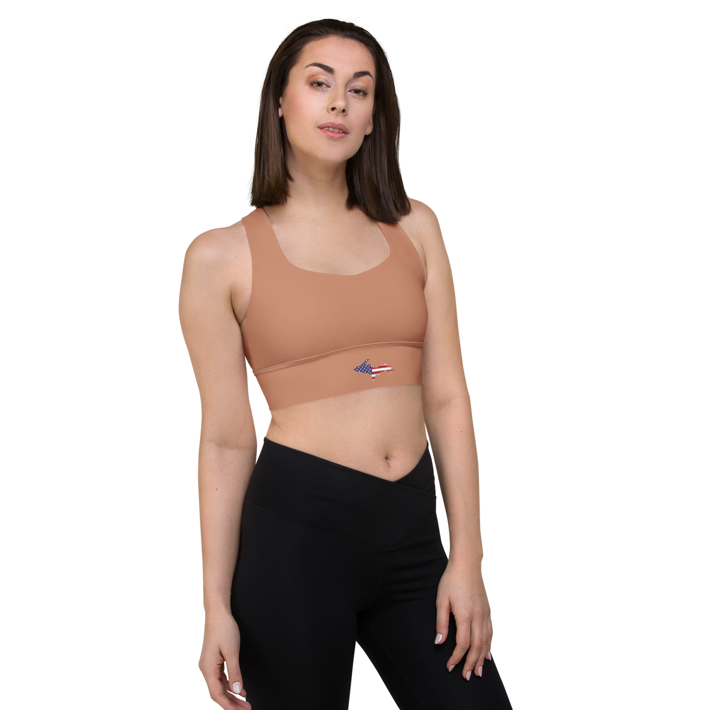 Michigan Upper Peninsula Longline Sports Bra (w/ UP USA Flag) | Copper Color