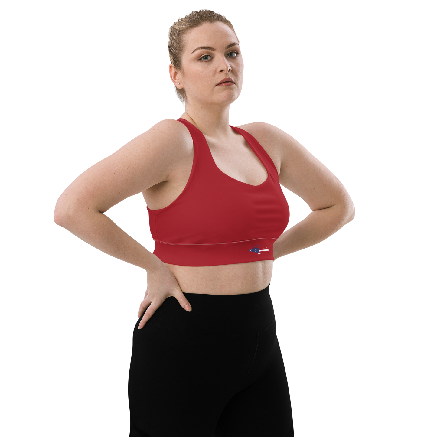 Michigan Upper Peninsula Longline Sports Bra (w/ UP USA Flag) | Thimbleberry Red