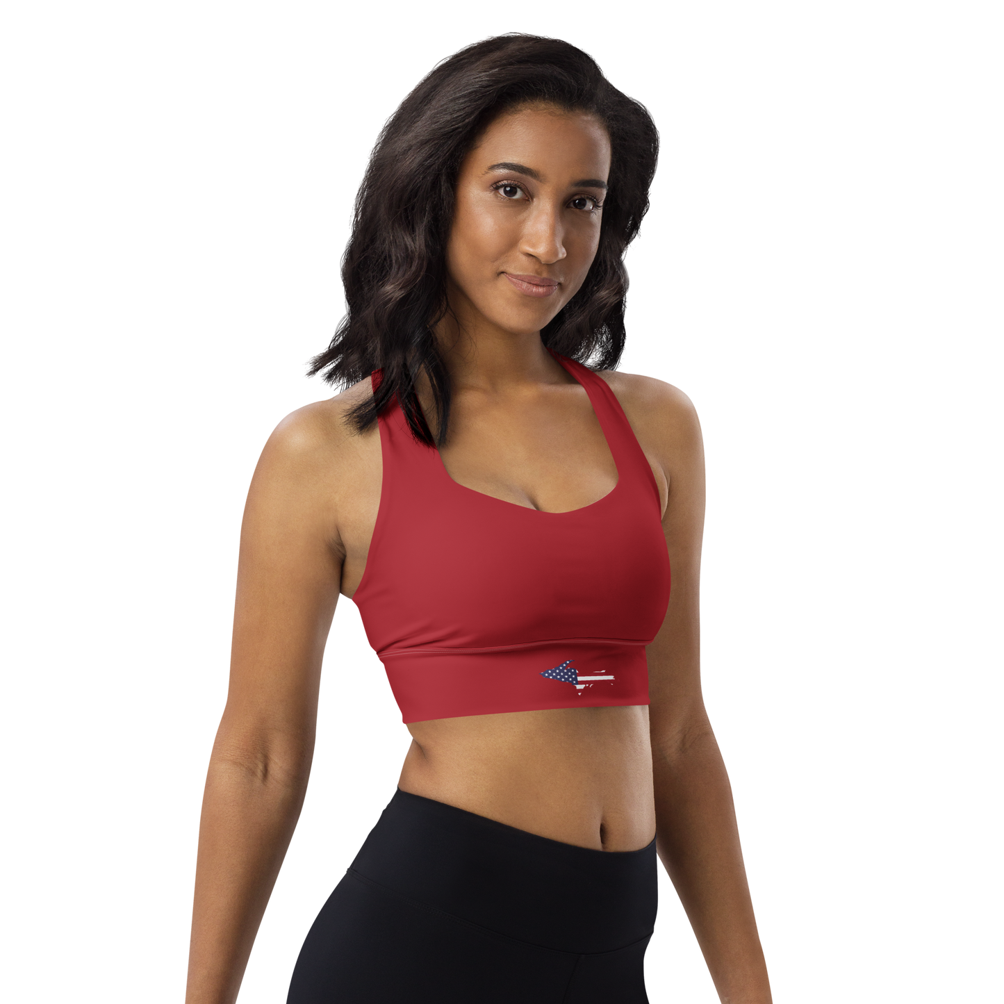 Michigan Upper Peninsula Longline Sports Bra (w/ UP USA Flag) | Thimbleberry Red