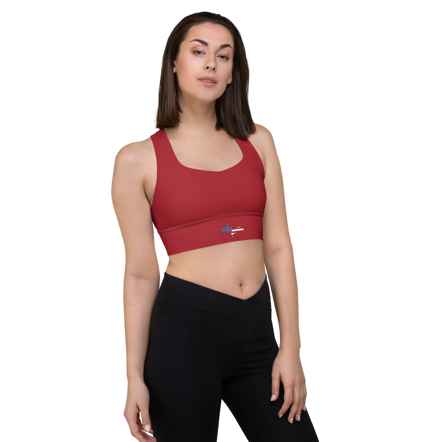 Michigan Upper Peninsula Longline Sports Bra (w/ UP USA Flag) | Thimbleberry Red