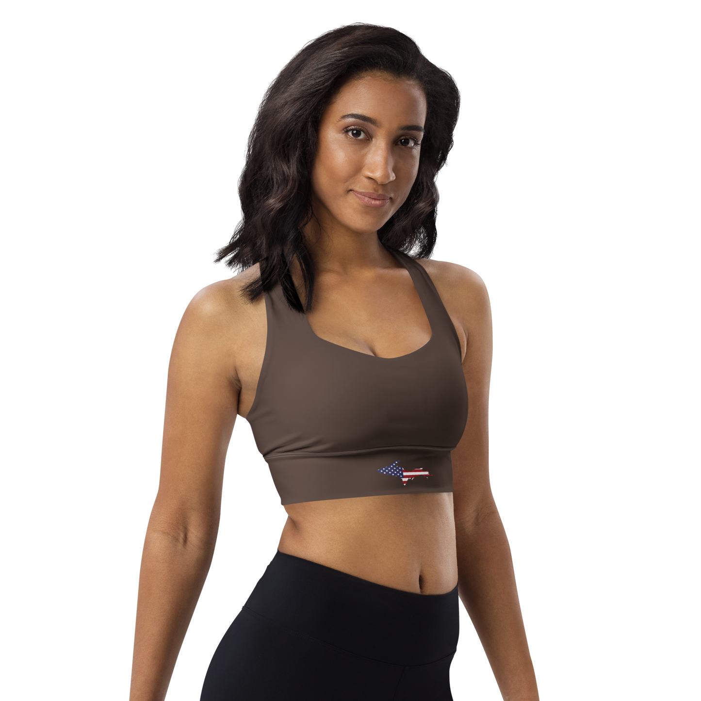 Michigan Upper Peninsula Longline Sports Bra (w/ UP USA Flag) | Hickory Color