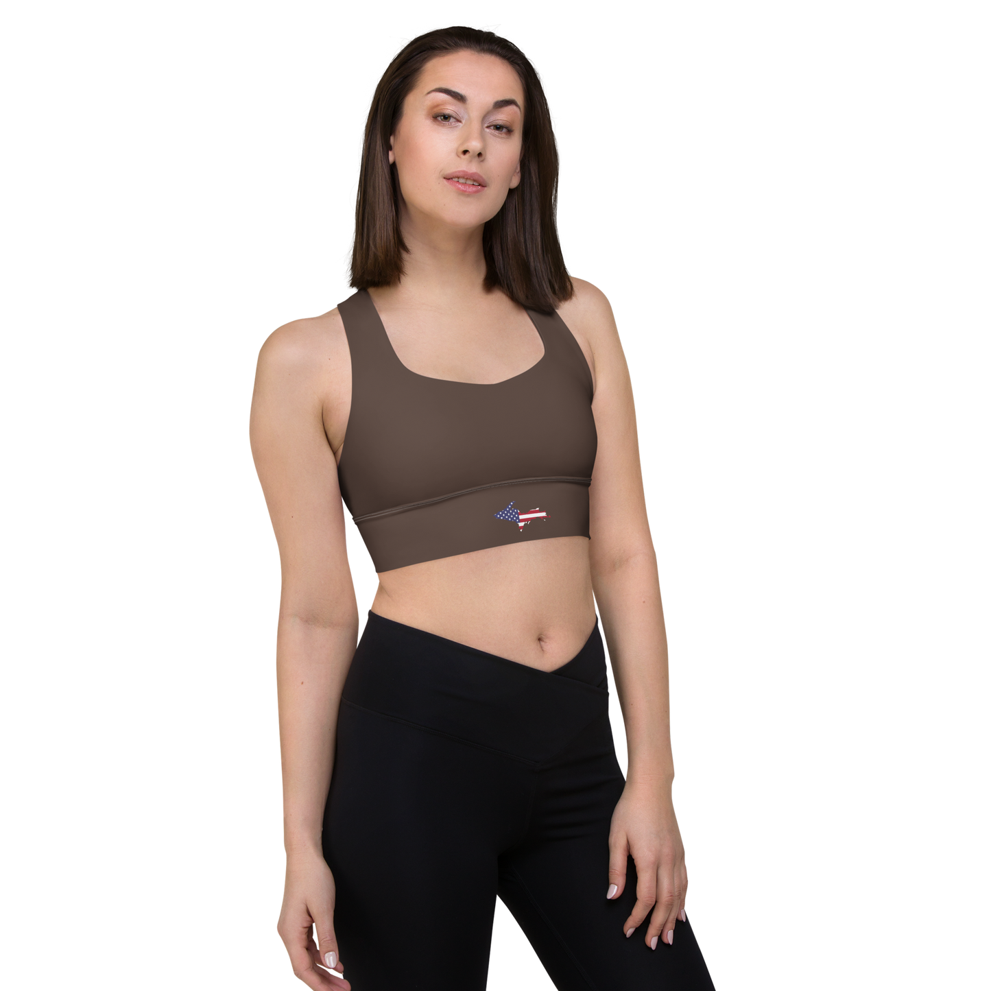 Michigan Upper Peninsula Longline Sports Bra (w/ UP USA Flag) | Hickory Color