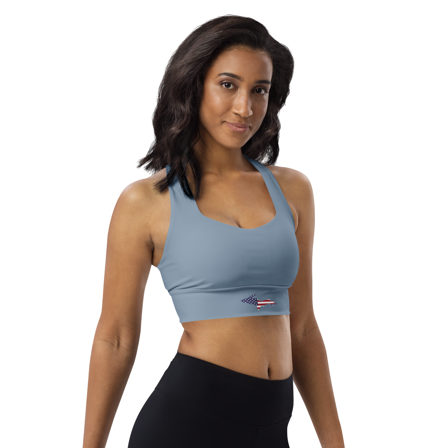 Michigan Upper Peninsula Longline Sports Bra (w/ UP USA Flag) | B-24 Grey