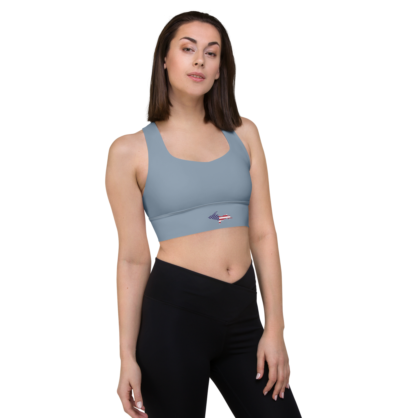 Michigan Upper Peninsula Longline Sports Bra (w/ UP USA Flag) | B-24 Grey