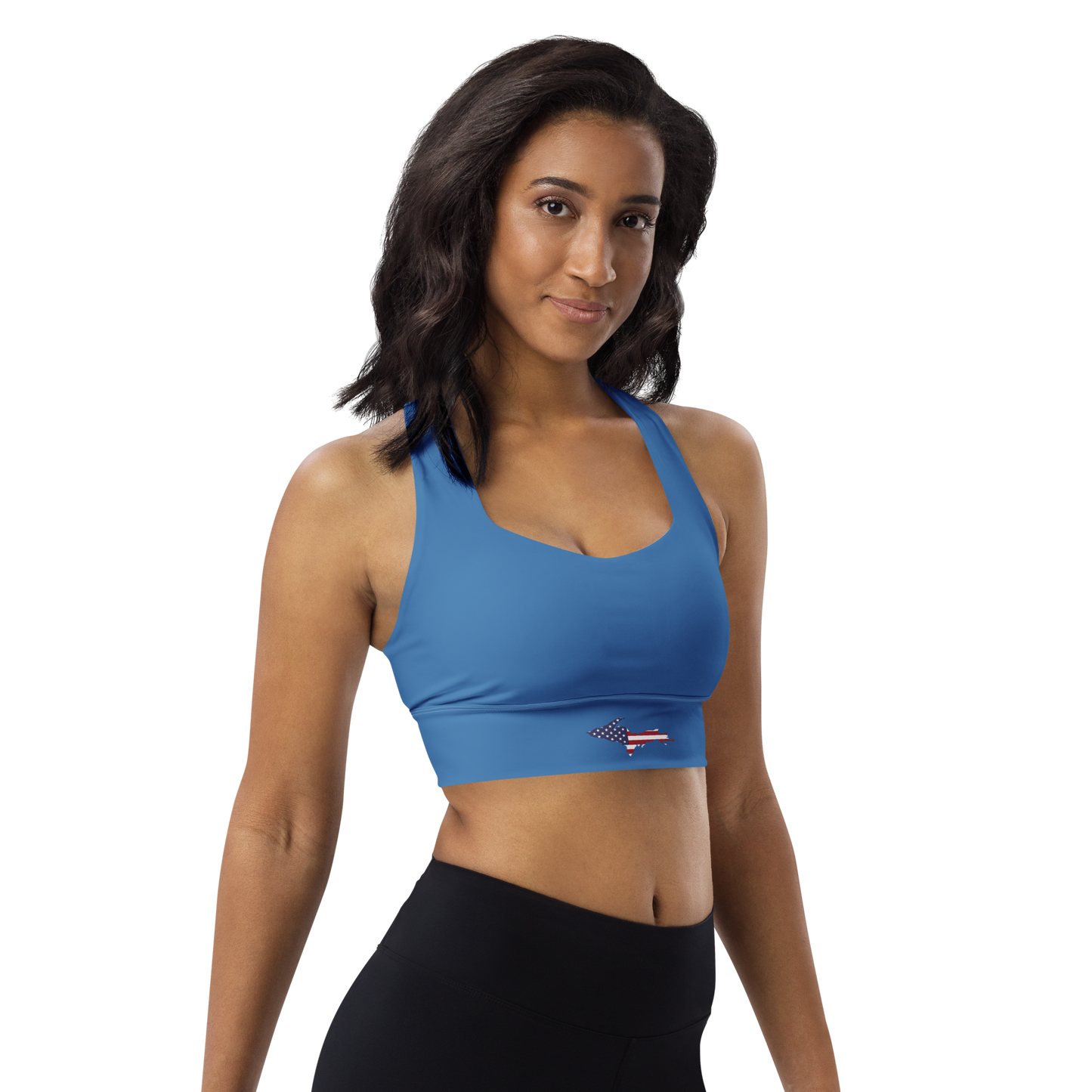 Michigan Upper Peninsula Longline Sports Bra (w/ UP USA Flag) | Lake Superior Blue