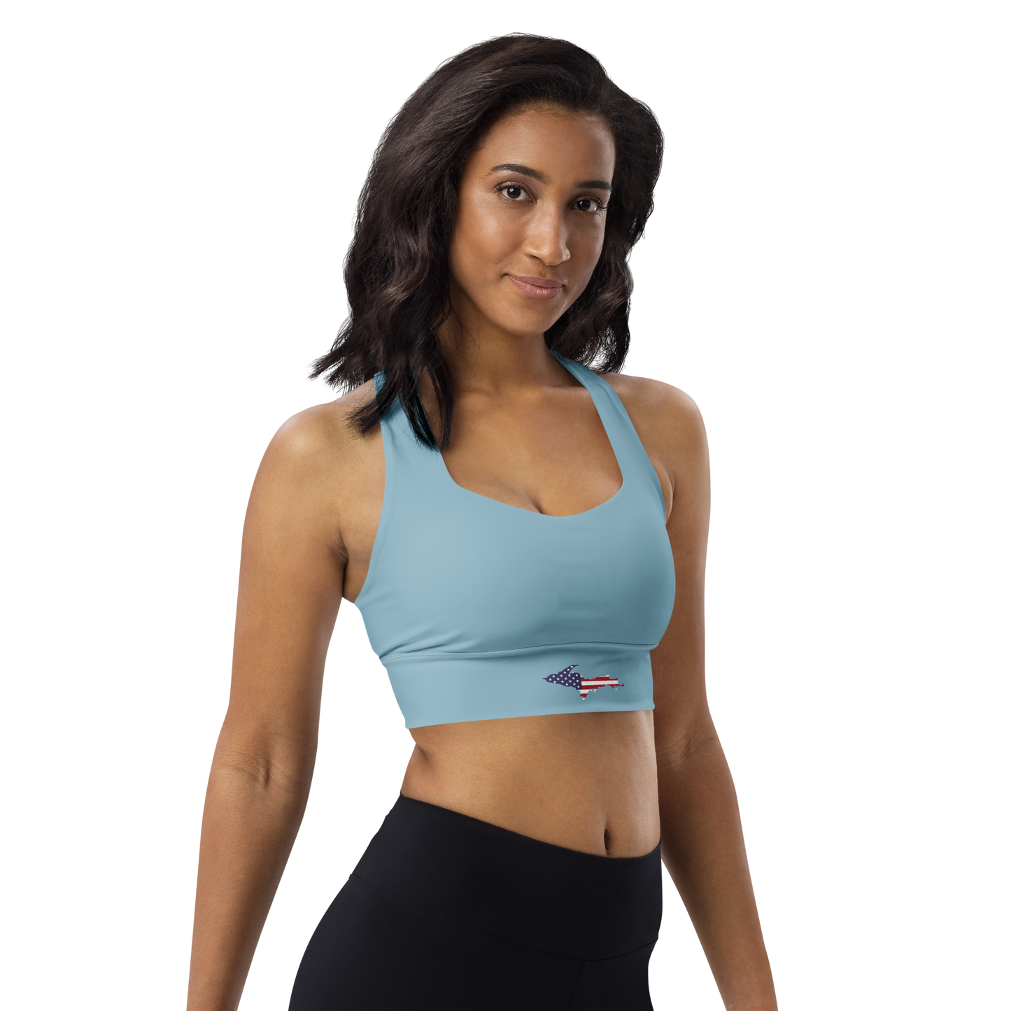 Michigan Upper Peninsula Longline Sports Bra (w/ UP USA Flag) | I Opal Blue