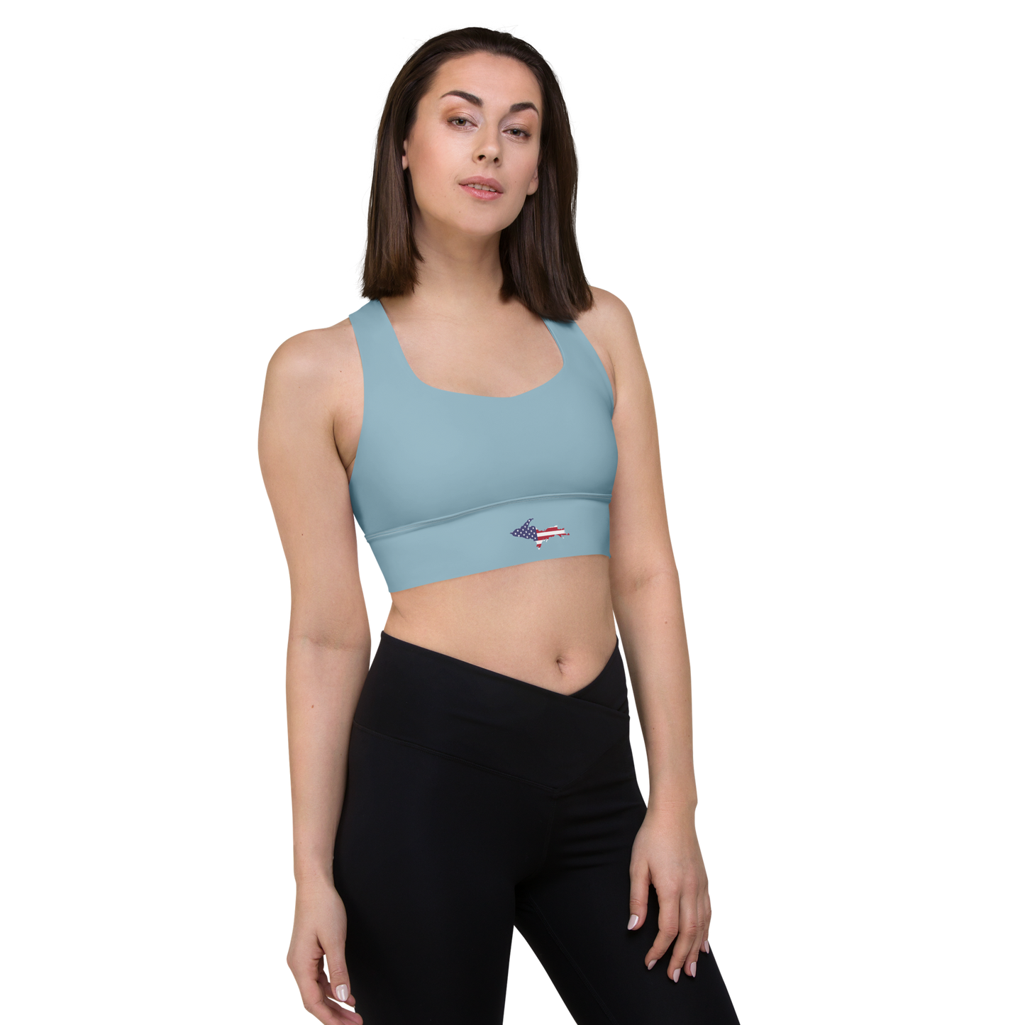 Michigan Upper Peninsula Longline Sports Bra (w/ UP USA Flag) | I Opal Blue