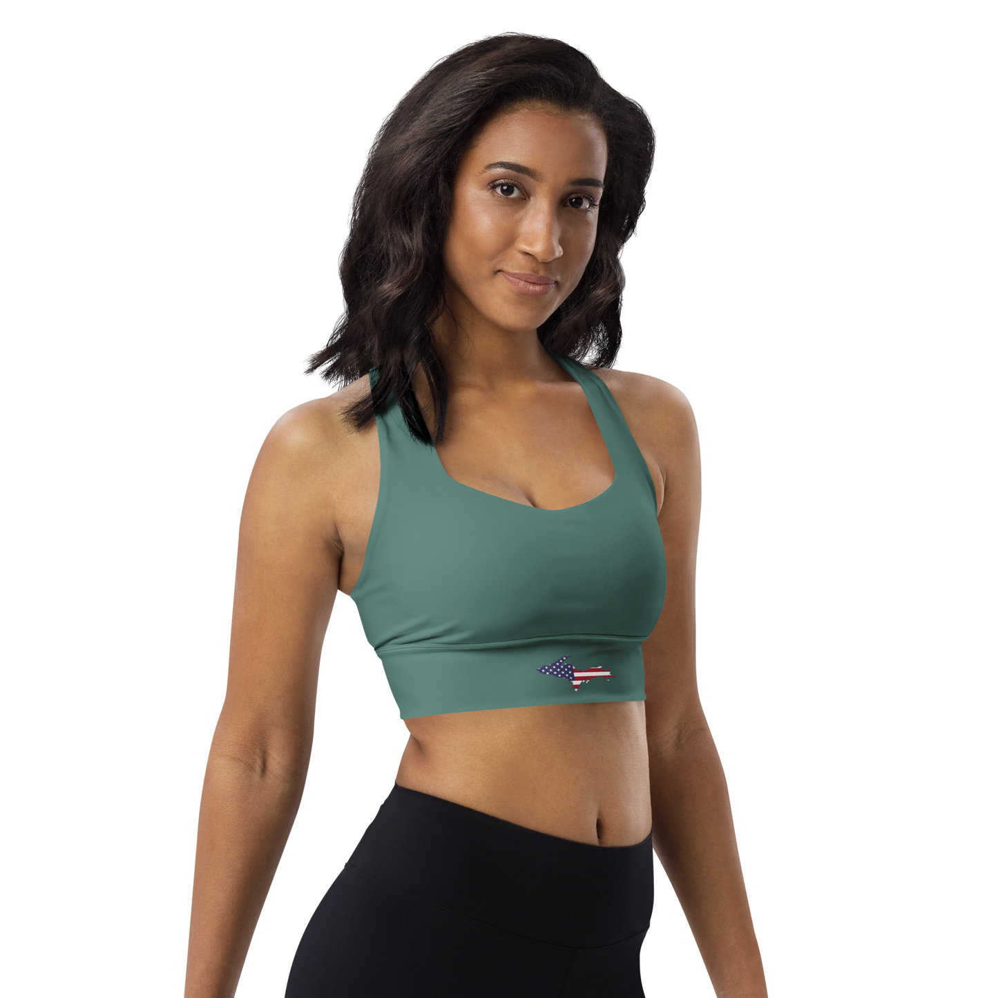 Michigan Upper Peninsula Longline Sports Bra (w/ UP USA Flag) | Copper Green