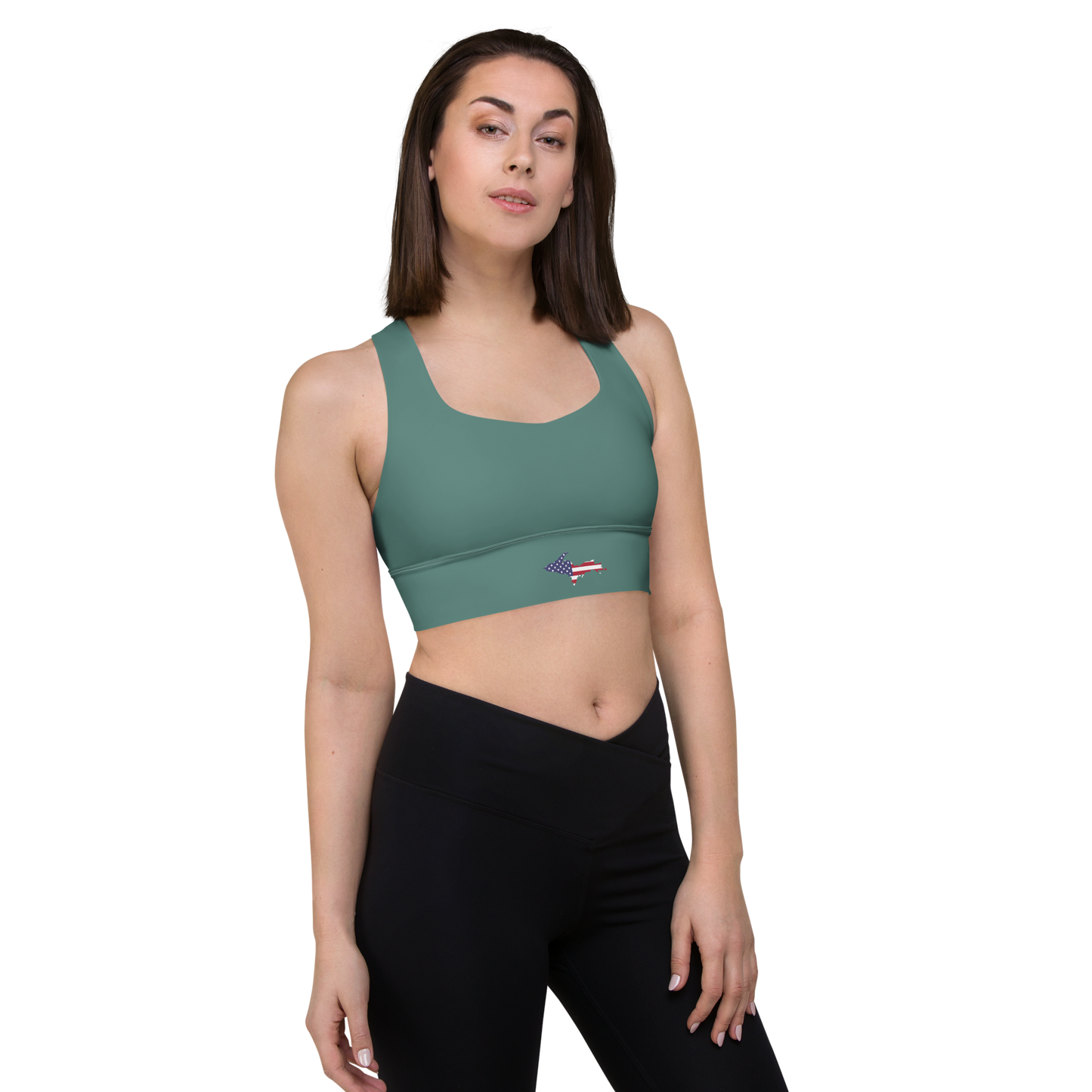 Michigan Upper Peninsula Longline Sports Bra (w/ UP USA Flag) | Copper Green