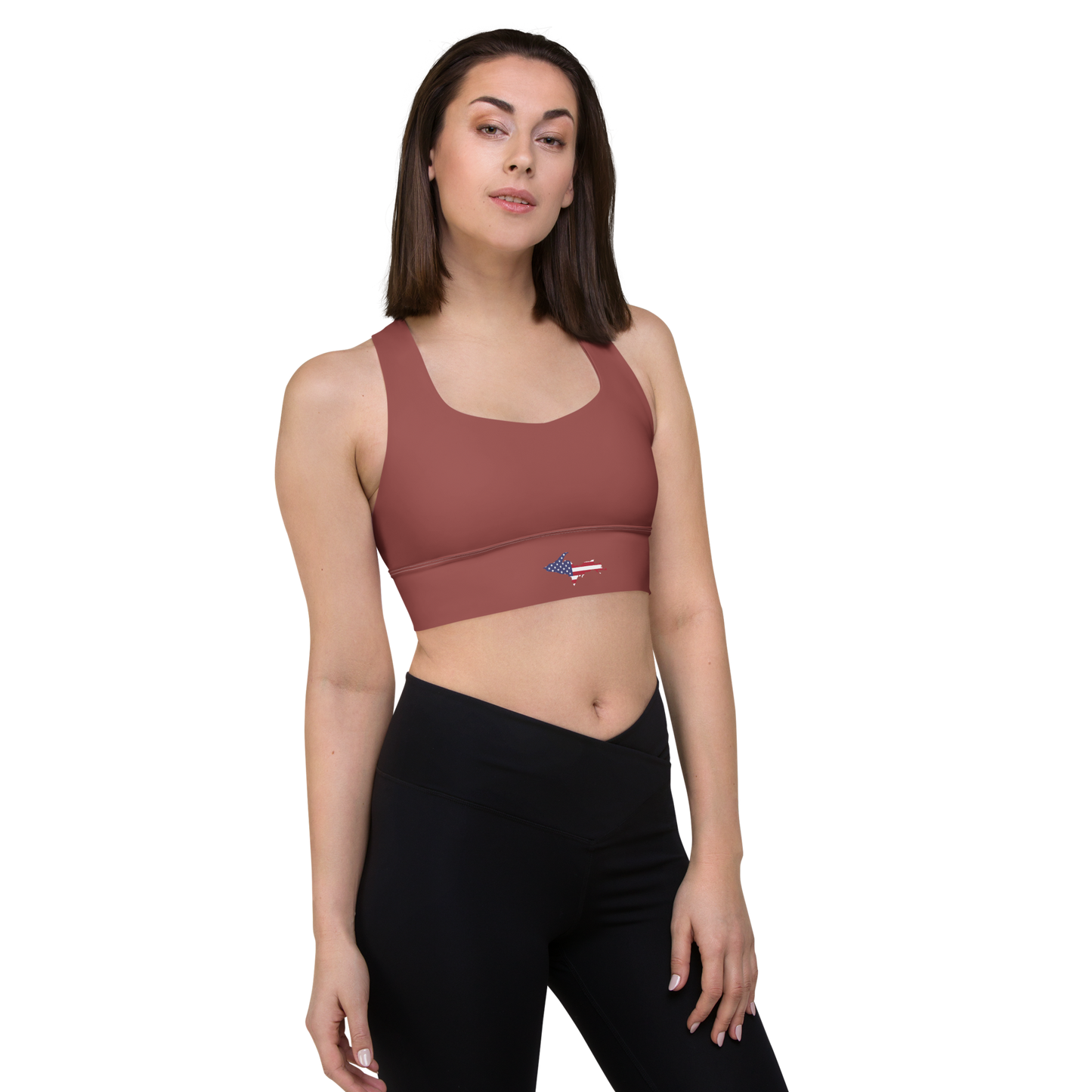 Michigan Upper Peninsula Longline Sports Bra (w/ UP USA Flag) | Ore Dock Red