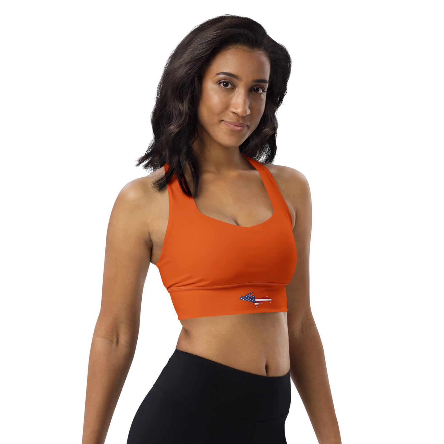 Michigan Upper Peninsula Longline Sports Bra (w/ UP USA Flag) | Maple Leaf Orange