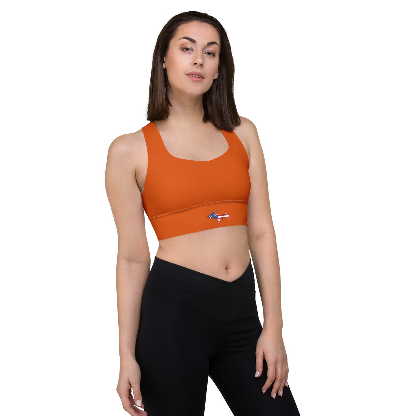 Michigan Upper Peninsula Longline Sports Bra (w/ UP USA Flag) | Maple Leaf Orange