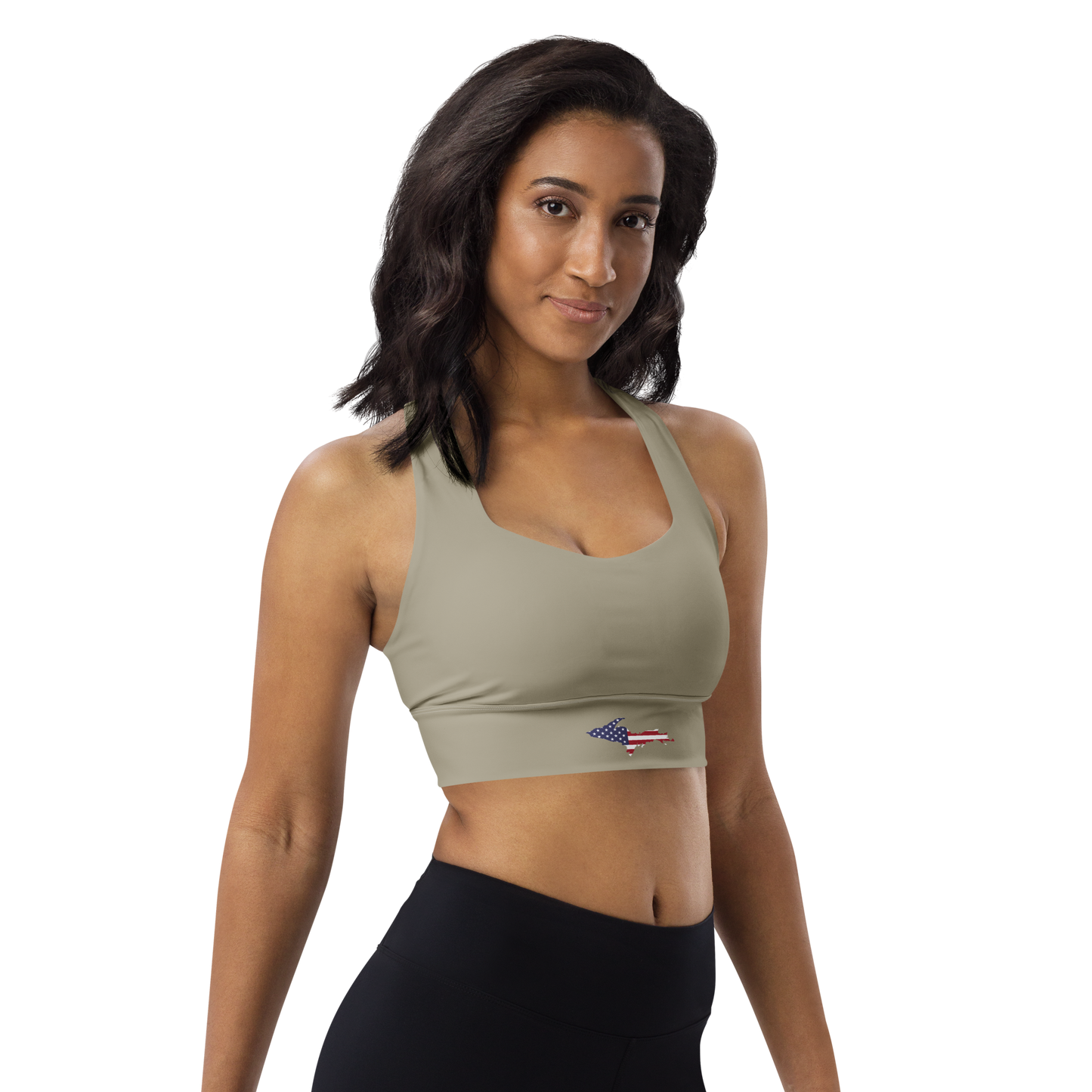 Michigan Upper Peninsula Longline Sports Bra (w/ UP USA Flag) | Petoskey Stone Beige