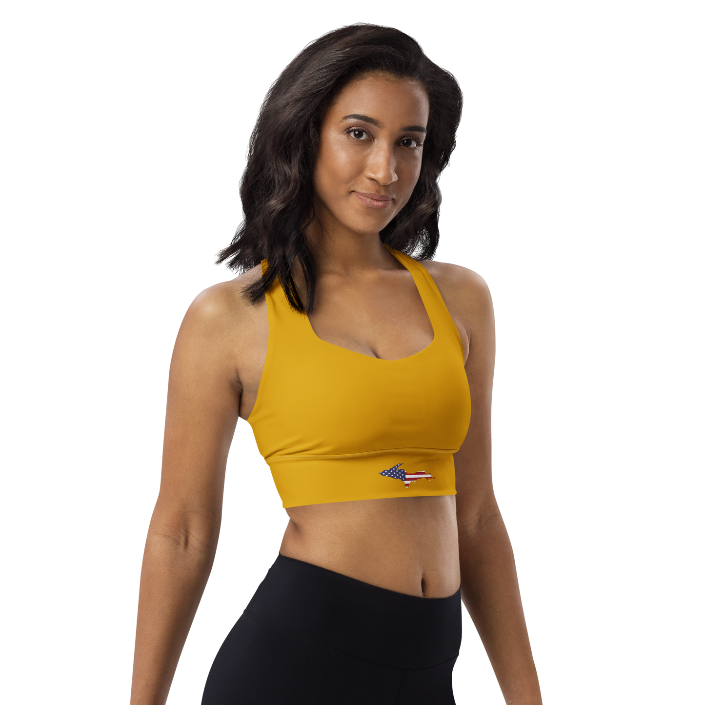 Michigan Upper Peninsula Longline Sports Bra (w/ UP USA Flag) | Gold