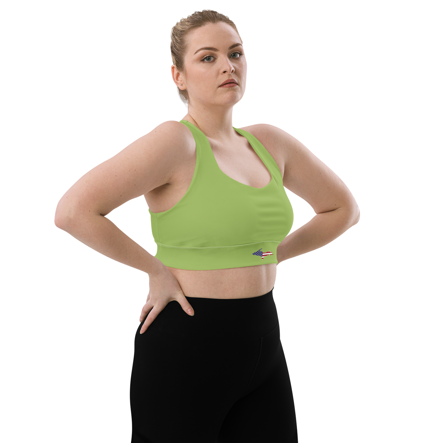 Michigan Upper Peninsula Longline Sports Bra (w/ UP USA Flag) | Gooseberry Green