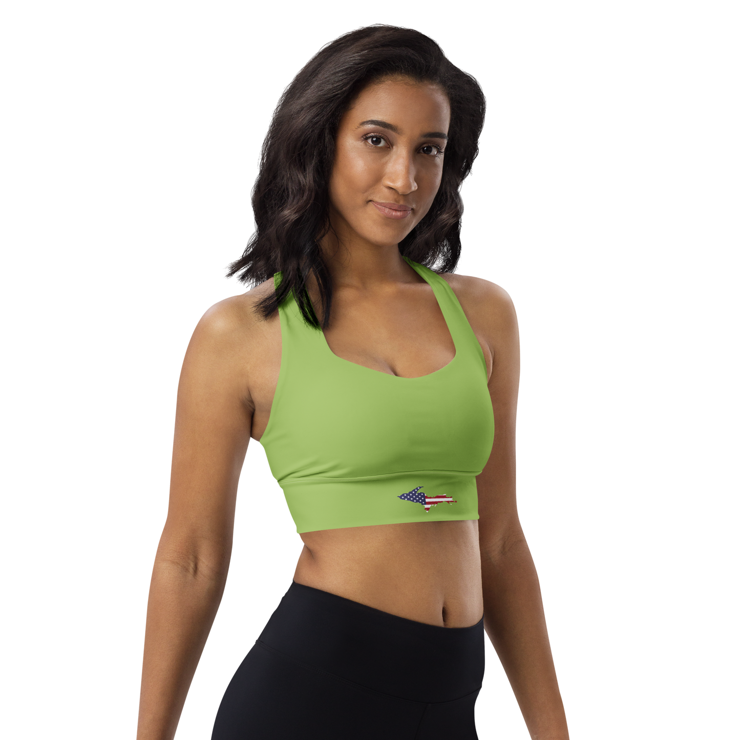 Michigan Upper Peninsula Longline Sports Bra (w/ UP USA Flag) | Gooseberry Green