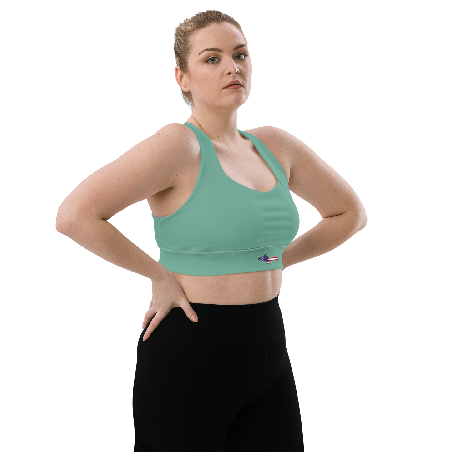 Michigan Upper Peninsula Longline Sports Bra (w/ UP USA Flag) | Tea Green