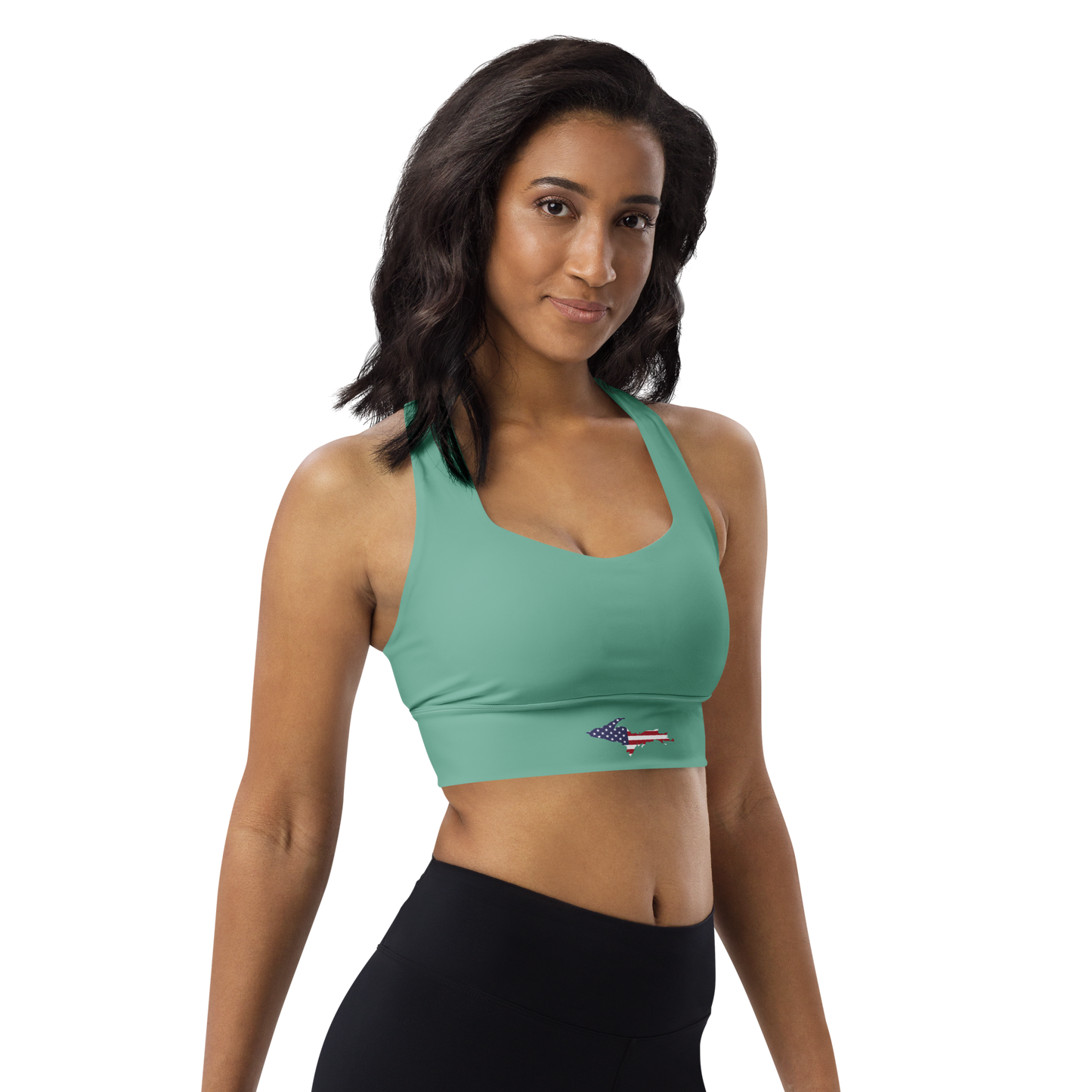 Michigan Upper Peninsula Longline Sports Bra (w/ UP USA Flag) | Tea Green