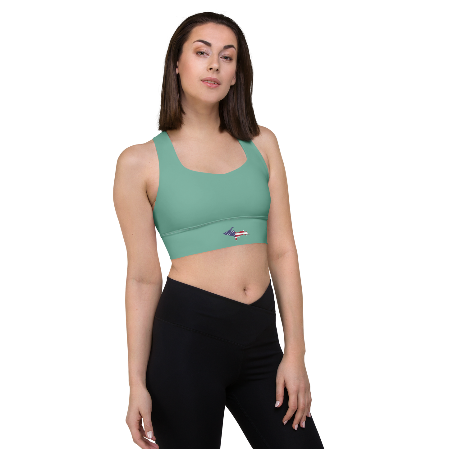 Michigan Upper Peninsula Longline Sports Bra (w/ UP USA Flag) | Tea Green