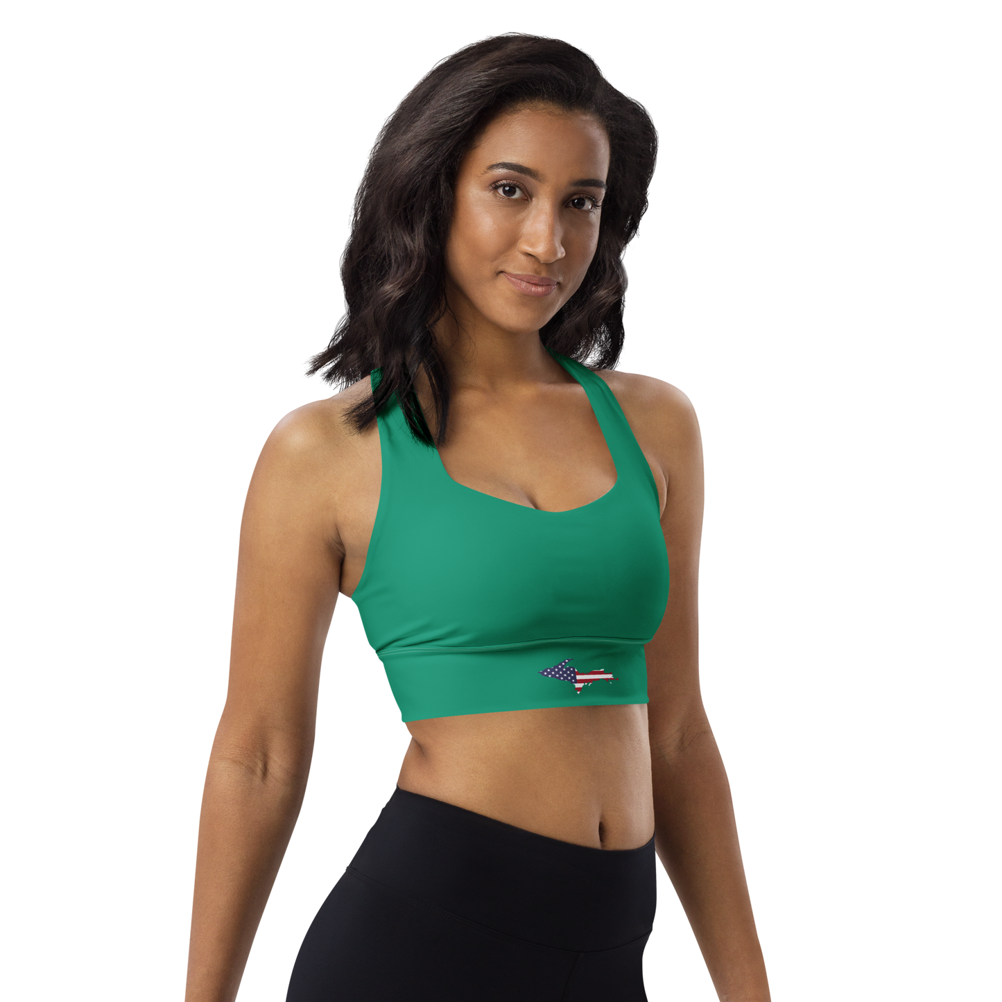 Michigan Upper Peninsula Longline Sports Bra (w/ UP USA Flag) | Emerald Green