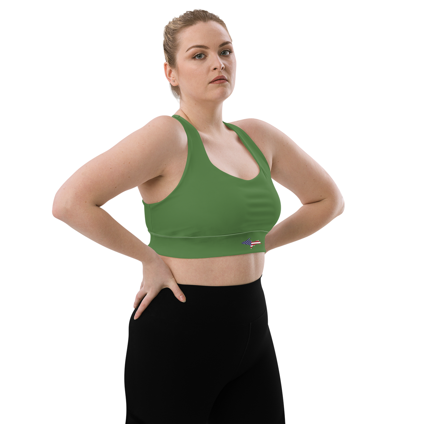 Michigan Upper Peninsula Longline Sports Bra (w/ UP USA Flag) | Pine Green