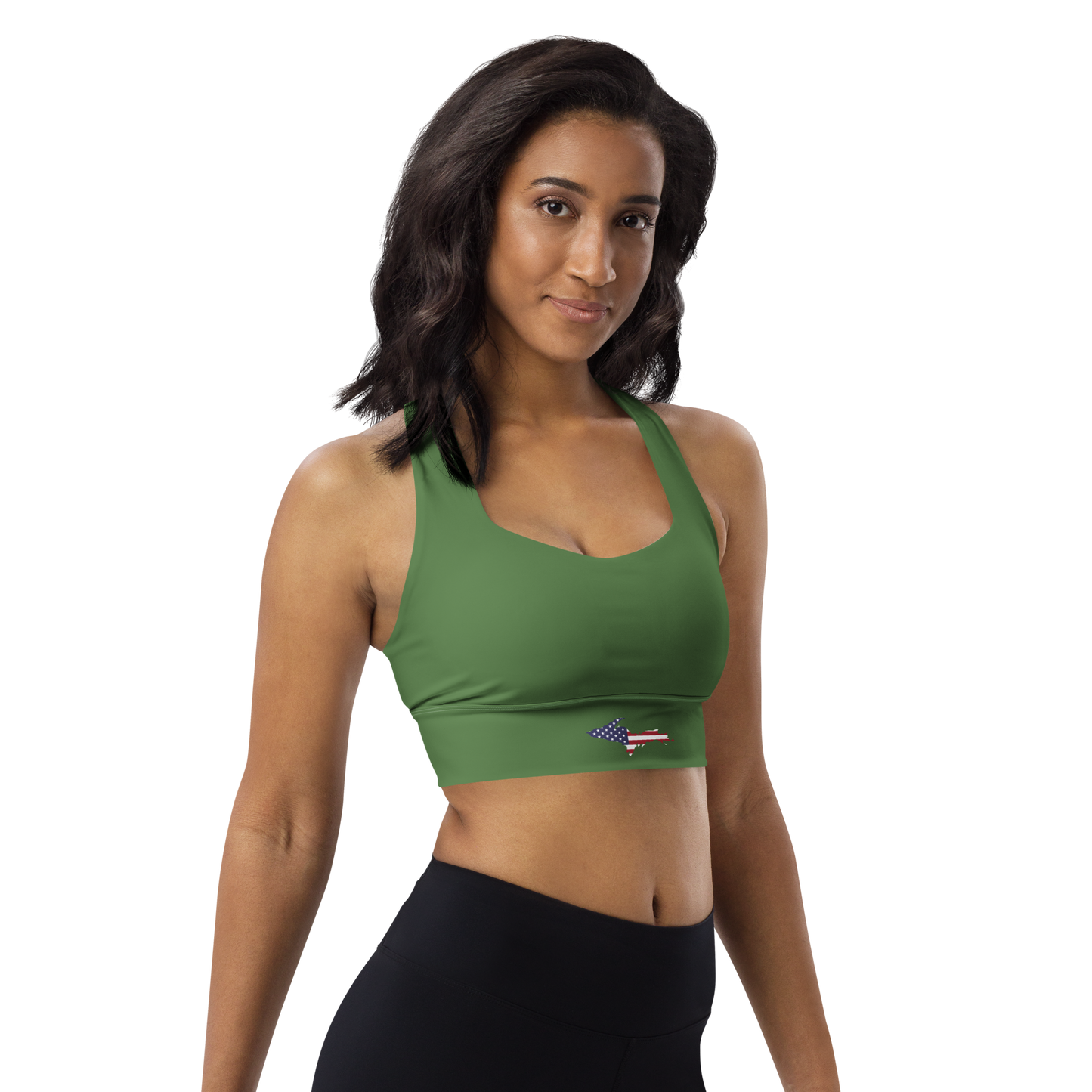 Michigan Upper Peninsula Longline Sports Bra (w/ UP USA Flag) | Pine Green