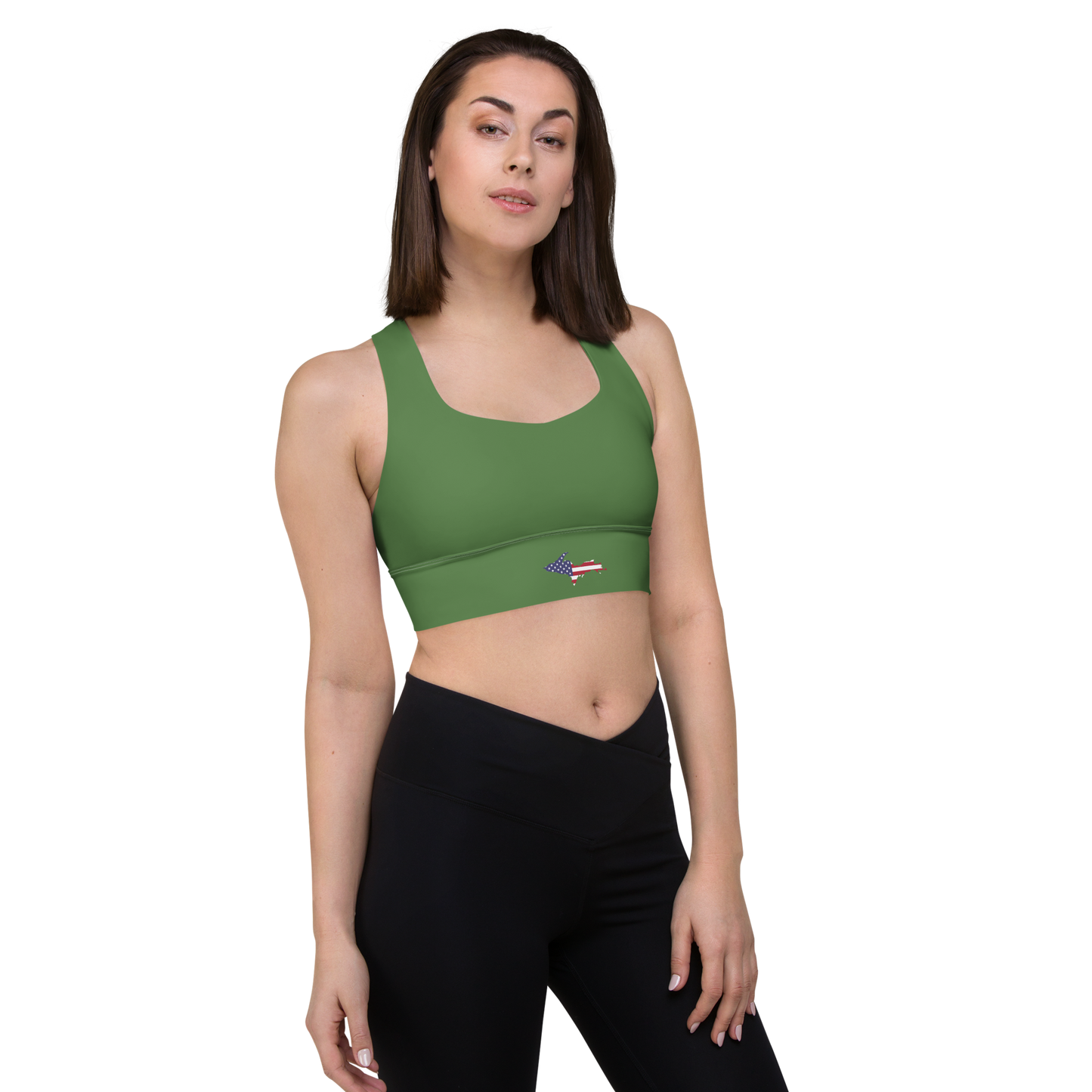 Michigan Upper Peninsula Longline Sports Bra (w/ UP USA Flag) | Pine Green