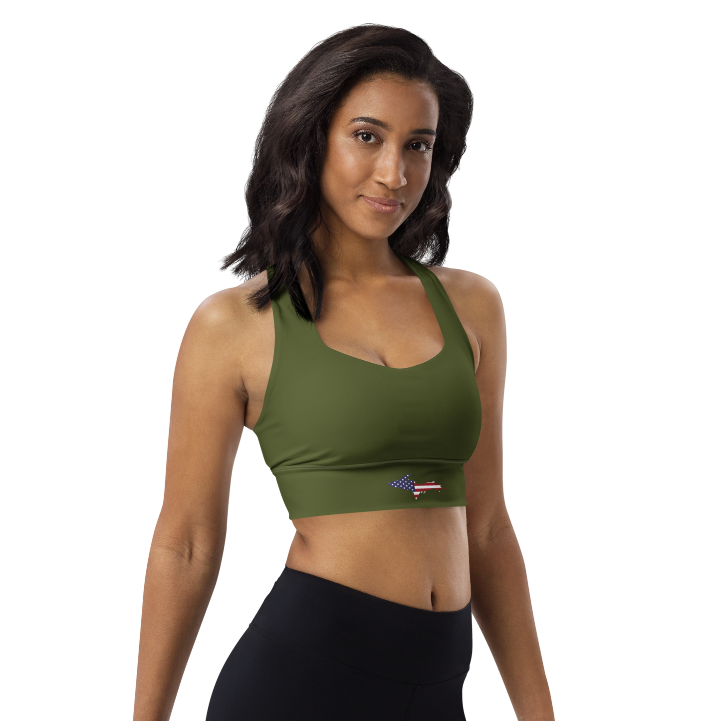 Michigan Upper Peninsula Longline Sports Bra (w/ UP USA Flag) | Army Green