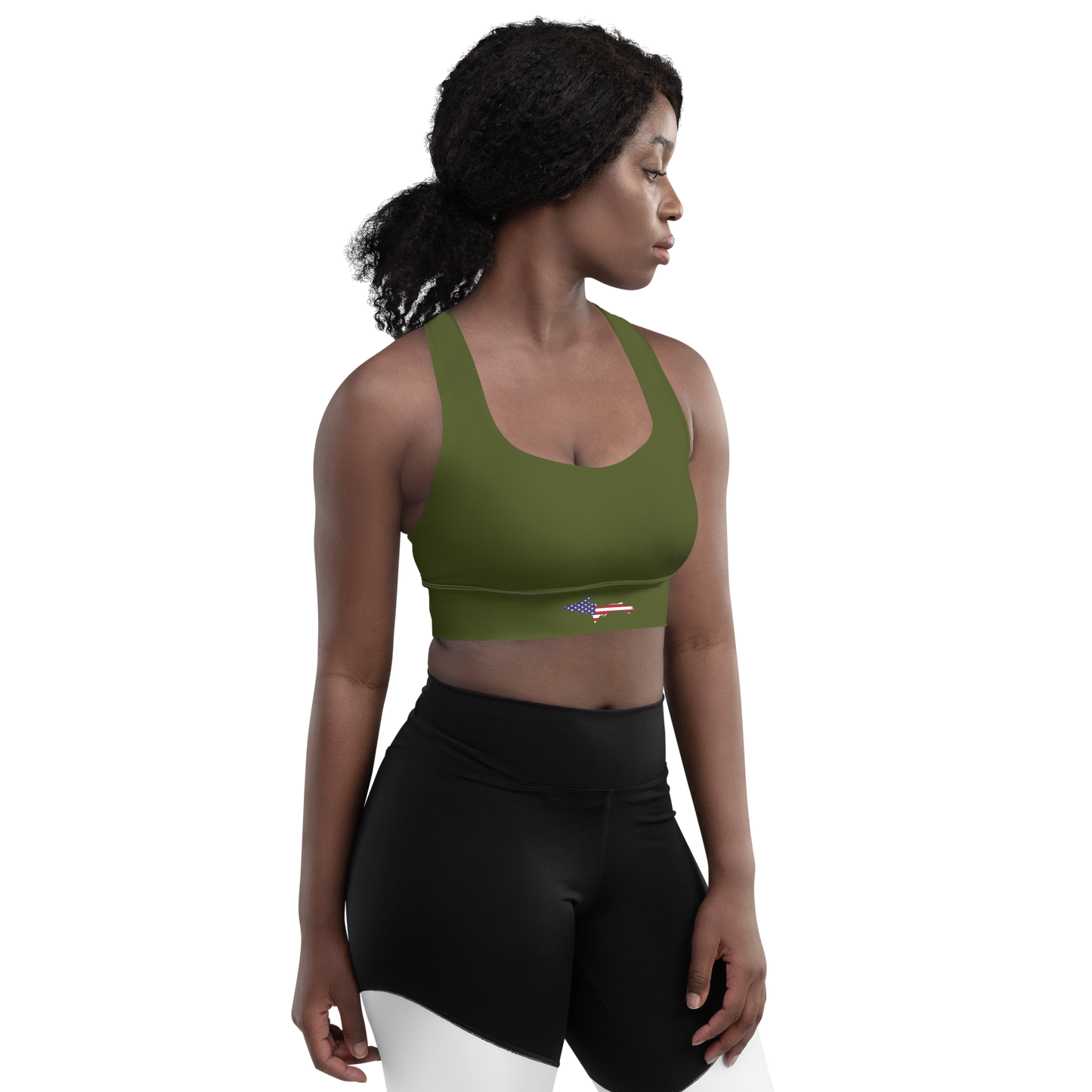 Michigan Upper Peninsula Longline Sports Bra (w/ UP USA Flag) | Army Green