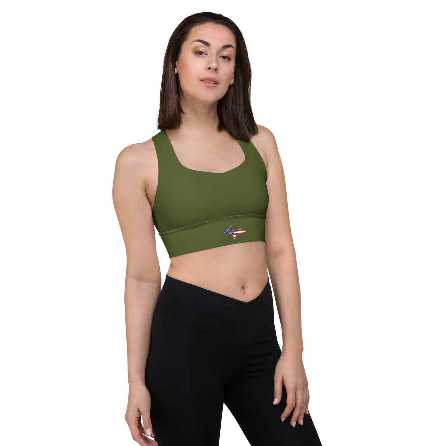 Michigan Upper Peninsula Longline Sports Bra (w/ UP USA Flag) | Army Green