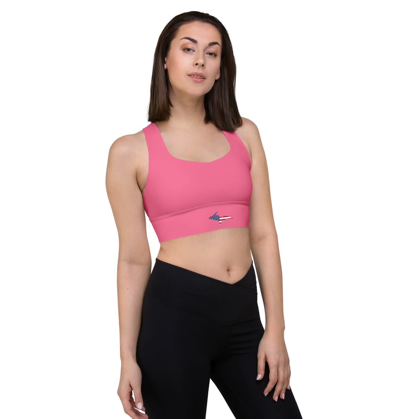 Michigan Upper Peninsula Longline Sports Bra (w/ UP USA Flag) | Rhodochrosite Pink